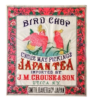 [A colour woodblock printed Ranji titled "Bird chop" for a large tea box for export]. Late Meiji ...