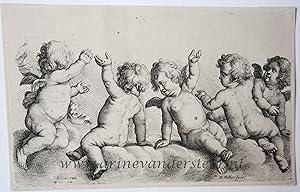 [Antique print, etching] Three cherubs and two boys on clouds/Drie cherubijntjes en twee jongetje...