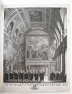 Bild des Verkufers fr [Antique print, etching] De Raadkamer Op Het Stadhuis te Amsteldam, zo als de Vroedschap aldaar 's Jaarlyks op den 28ste January vergaderd is, published 1790. zum Verkauf von Antiquariaat Arine van der Steur / ILAB