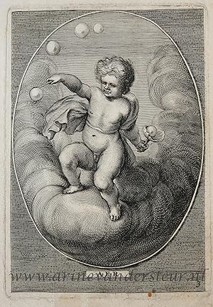 [Original engraving] AER [air] with putto in the clouds/Lucht met engeltjes, ca 1650-1700.