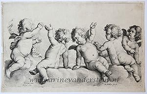[Antique print, etching] Three cherubs and two boys on clouds/Twee cherubijntjes en twee jongetje...