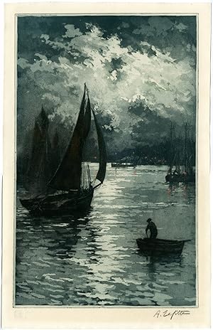 Antique Print-MARINE-NIGHT SCENE-FISHING BOATS-HARBOUR-Lafitte (Robbe)-1912
