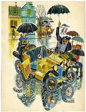 Antique Drawing-PIPO DE CLOWN-RAINY DAY-BROKEN CAR-ORIGINAL-Wesseling-ca. 1960