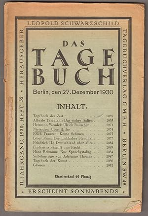 Imagen del vendedor de Das Tagebuch (erscheint sonnabends). 11. Jahrgang, 1930, Heft 52. Berlin, den 27. Dezember 1930. a la venta por Antiquariat Neue Kritik