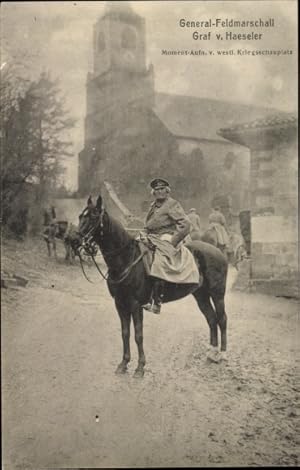 Ansichtskarte / Postkarte Generalfeldmarschall Graf von Haeseler auf einem Pferd, Kirche, westlic...