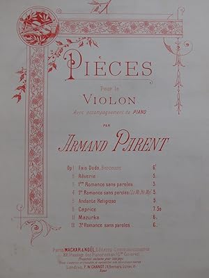 Image du vendeur pour PARENT Armand Romance sans Paroles No 3 Piano Violon 1894 mis en vente par partitions-anciennes
