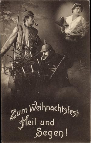Ansichtskarte / Postkarte Glückwunsch Weihnachten, Soldaten mit Tannenbaum, Frau mit Glocken