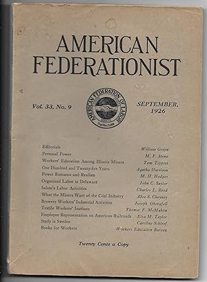 Seller image for AMERICAN FEDERATIONIST vol 33 no.9 September 1926 for sale by Tome Sweet Tome