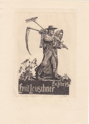 Imagen del vendedor de Exlibris Emil Leuschner. Bauernpaar mit Rechen und Sense. a la venta por Antiquariat  Braun