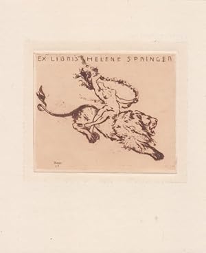 Imagen del vendedor de Ex Libris Helene Springer. Auf springendem Lwen sitzender weiblicher Akt mit Band. Ex Libris Helene Springer. Auf springendem Lwen sitzender weiblicher Akt mit Band. a la venta por Antiquariat  Braun