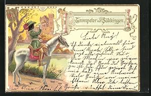 Bild des Verkufers fr Prge-Lithographie Skkingen, Beht Dich Gott!, Trompeter zu Pferde vor der Stadt zum Verkauf von Bartko-Reher