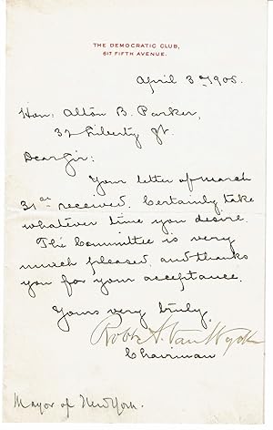 HOLOGRAPH LETTER on "The Democratic Club" stationery, SIGNED by NEW YORK MAYOR ROBERT ANDERSON VA...