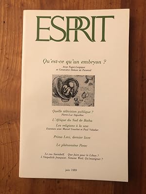 Image du vendeur pour Revue Esprit juin 1989 Qu'est-ce qu'un embryon ? mis en vente par Librairie des Possibles