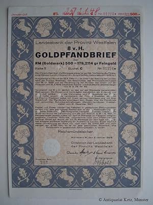 Bild des Verkufers fr 8% Goldpfandbrief ber den Geldwert von 500 RM (Goldmark) = 179,2114 gr. Feingold. Gre: 30 x 21 cm. zum Verkauf von Antiquariat Hans-Jrgen Ketz