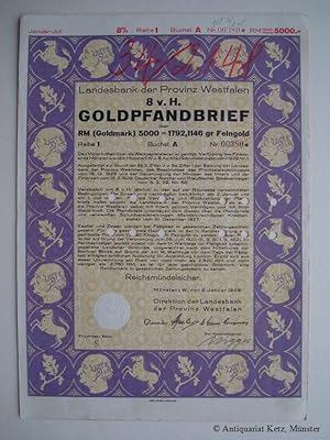 Bild des Verkufers fr 8% Goldpfandbrief ber den Geldwert von 5000 RM (Goldmark) = 1792,1146 gr. Feingold. Gre: 30 x 21 cm. zum Verkauf von Antiquariat Hans-Jrgen Ketz