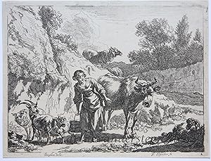 Bild des Verkufers fr [Antique print, etching] A girl carrying a bucket, published ca. 1650-1700, 1 p. zum Verkauf von Antiquariaat Arine van der Steur / ILAB