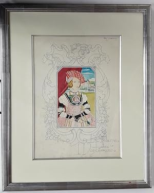 La Dame de Montsoreau. Aquarelle et encre originale. 27X38 cm.