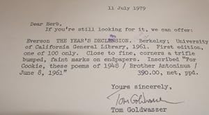 TLS Goldwasser to Yellin, dated July 11, 1979. RE: William Everson.