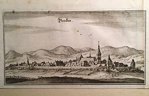 Bergheim (Oberelsaß). "Bercken", Gesamtansicht. Kupferstich von Merian 1644. Ca. 9,5 x 18,5 cm.