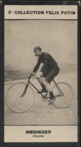 Photographie de la collection Félix Potin (4 x 7,5 cm) représentant : Paul Médinger, coureur cycl...