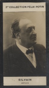 Photographie de la collection Félix Potin (4 x 7,5 cm) représentant : Silvain, artiste. Début XXe...