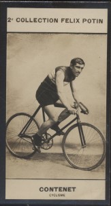 Photographie de la collection Félix Potin (4 x 7,5 cm) représentant : Georges Contenet, coureur c...