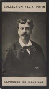 Photographie de la collection Félix Potin (4 x 7,5 cm) représentant : Alphonse de Neuville, peint...