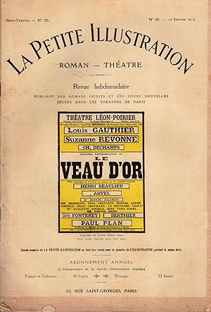 Seller image for La Petite illustration thtre N 25 : Le veau d'or, pice de Lucien Gleize. 10 janvier 1914. for sale by Librairie Et Ctera (et caetera) - Sophie Rosire