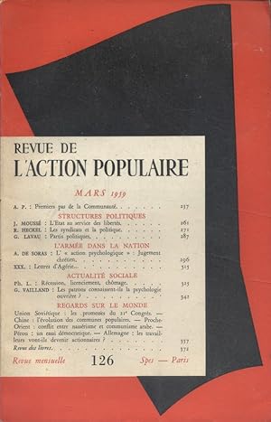 Imagen del vendedor de Revue de l'Action populaire. N 126. Structures politiques, L'arme dans la nation Mars 1959. a la venta por Librairie Et Ctera (et caetera) - Sophie Rosire