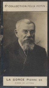 Bild des Verkufers fr Photographie de la collection Flix Potin (4 x 7,5 cm) reprsentant : Pierre de la Gorce, homme de lettres. Dbut XXe. Vers 1900. zum Verkauf von Librairie Et Ctera (et caetera) - Sophie Rosire