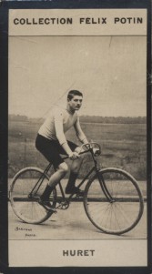 Photographie de la collection Félix Potin (4 x 7,5 cm) représentant : Constant Huret, coureur cyc...