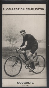 Photographie de la collection Félix Potin (4 x 7,5 cm) représentant : André Gougoltz, coureur cyc...