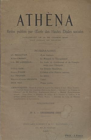 Athèna. Revue publiée par l'école des hautes études sociales. Premier numéro de la revue. Décembr...