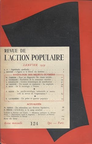 Imagen del vendedor de Revue de l'Action populaire. N 124. La redistribution du revenu national. Sociologie des milieux ouvriers. Janvier 1959. a la venta por Librairie Et Ctera (et caetera) - Sophie Rosire