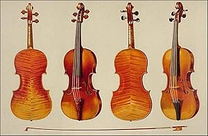 Bild des Verkufers fr ALLARD STRADIVARIUS  and  KING JOSEPH GUARNERIUS DEL GESU . Images of the two famous violins: Back and front view of the Stradivarius to the left, and of the Guarnierius to the right. Chromolithograph with accompanying sheet of text, published by zum Verkauf von Garwood & Voigt