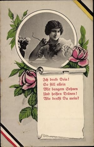 Bild des Verkufers fr Ansichtskarte / Postkarte Frau denkt an ihren geliebten Soldaten, Kaiserliche Fahne, Ich denke Dein!, So still allein. zum Verkauf von akpool GmbH