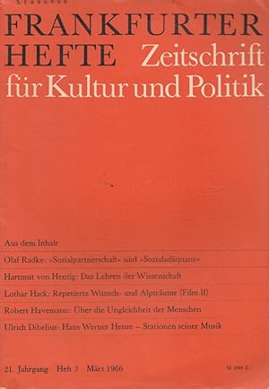 Seller image for Frankfurter Hefte 3/1966 (21. Jahrgang) Zeitschrift fr Kultur und Politik. for sale by Versandantiquariat Nussbaum