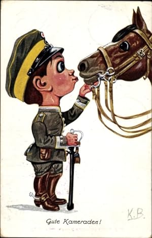 Künstler Ansichtskarte / Postkarte Gute Kameraden, Junge als Soldat und sein Pferd
