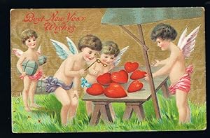Cherubs Inspecting Hearts Embossed New Year Postcard
