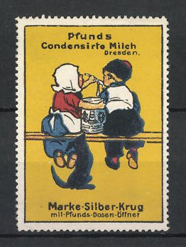 Bild des Verkufers fr Reklamemarke Pfunds Condensirte Milch, Marke Silber Krug mit Dosenoffner, Kinderpaar und Hund zum Verkauf von Bartko-Reher