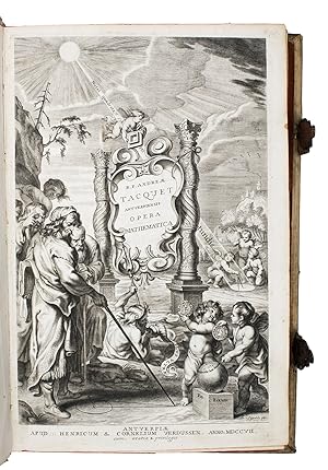 Bild des Verkufers fr Opera mathematica, quorum elenchus in fine praefationis typographia ad lectorem exhibetur. Opera sane aurea in lucem publicam & usum erudita posteritatis gratulantibus litteratorum geniis edita.Antwerp, Henricus & Cornelius Verdussen, 1707. Folio. With a richly engraved allegorical frontispiece illustrating light refraction through lenses and the teaching of drawing with compasses, large engraved publisher's device on title-page, title in red and black, and numerous illustrations and figures on 87 folding engraved plates. Contemporary richly blind- and gold-tooled vellum over wooden boards, on the front board, the coat-of-arms of the Cartusiae Maurbacensis as centrepiece on the back board, red edges, two metal clasps. zum Verkauf von ASHER Rare Books