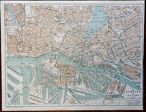 Hamburg & Altona Germany 1925 detailed city plan Elbe River Canals Bridges