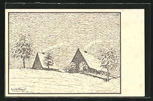 Künstler-Ansichtskarte Katharinaberg, Berghütten im Schnee