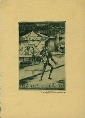 Exlibris Hanns Heeren, Original Radierung. Ex Libris. Herr vor Bücherkiosk die Straße überquerend...