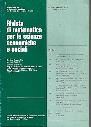 Imagen del vendedor de Rivista De Matematica Per Le Scienze Economiche E Sociali: Anno 6, Fascicoli 1 - 2, Semestre, 1983 a la venta por BYTOWN BOOKERY