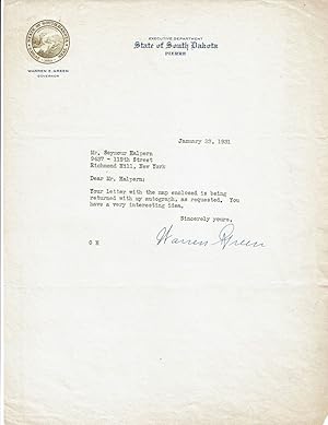 TYPED NOTE SIGNED by South Dakota Governor WARREN GREEN.