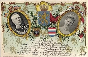 Wappen Passepartout Ansichtskarte / Postkarte Königin Wilhelmina der Niederlande, Heinrich zu Mec...