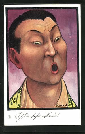 Künstler-Ansichtskarte Ich bin sehr erstaunt, Karikatur eines Asiaten