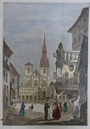 kolorierter Holzstich Stadtansicht Kirche Göttingen