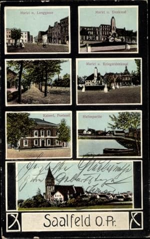 Ansichtskarte / Postkarte Zalewo Saalfeld Ostpreußen, Markt, Denkmal, Postamt, Kirche, Hafen, Lan...